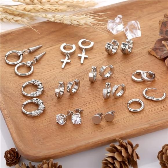 Mens Earrings 11 Pairs Stainless Steel Small Hoop Earrings Cross Dangle Men Gift - Picture 2 of 5